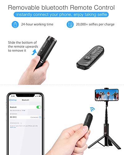 BlitzWolf Palo Selfie Trípode con Control Remoto Bluetooth, Selfie Stick Extensible de Aluminio para iPhone XS MAX/XR/XS/X/8/8P/7/7P/6, Galaxy S10/S9/S8/S7, Huawei, Xiaomi y etc.(Gris)