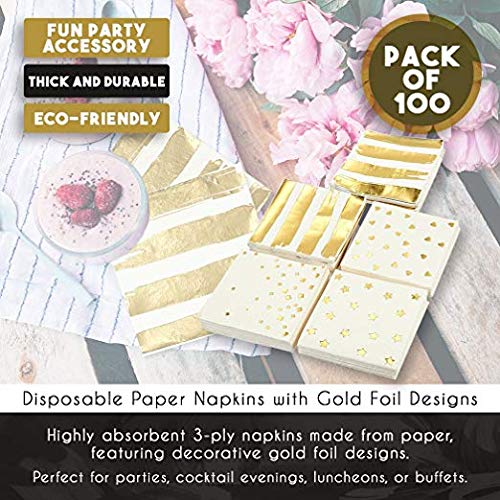 Blue Panda Servilletas de papel desechables para fiestas (paquete de 100) - 5 diseños de láminas de oro - Perfecto para cumpleaños, bodas y ocasiones especiales - 5 x 5 pulgadas plegadas