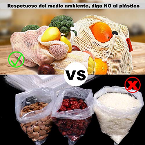 Bluefire 10 Bolsas de Comida para Fruta,100% Algodón Bolsas de la Compra Reutilizables Bolsas de Malla para Fruta Vegetal Lavable Totalizador de Compras con Cordón y Etiqueta de Tara (3*S, 3*M, 4*L)