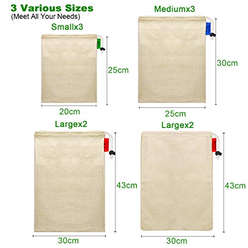 Bluefire 10 Bolsas de Comida para Fruta,100% Algodón Bolsas de la Compra Reutilizables Bolsas de Malla para Fruta Vegetal Lavable Totalizador de Compras con Cordón y Etiqueta de Tara (3*S, 3*M, 4*L)