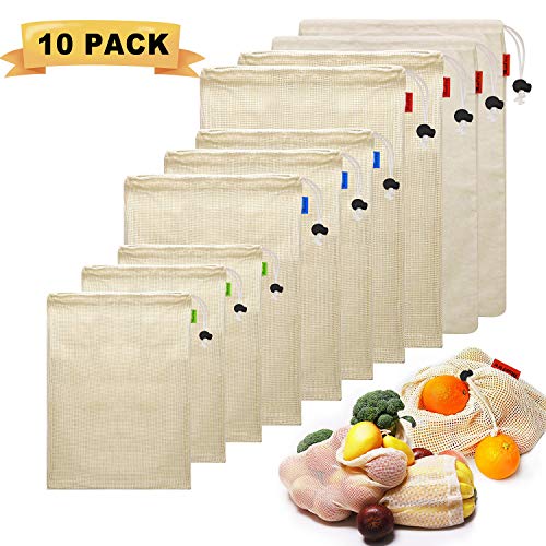 Bluefire 10 Bolsas de Comida para Fruta,100% Algodón Bolsas de la Compra Reutilizables Bolsas de Malla para Fruta Vegetal Lavable Totalizador de Compras con Cordón y Etiqueta de Tara (3*S, 3*M, 4*L)