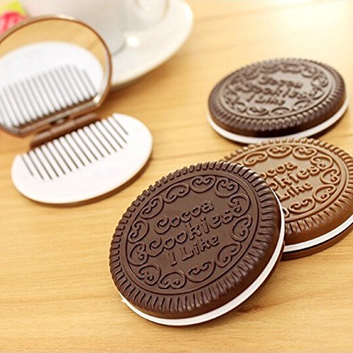 Bluelover Paquete De 2 Mini Bolsillo De Galletas De Chocolate Espejo Compacto con Peine Espejo De Diseño De Galletas Lindo con Forma De Espejo Comb Mini Espejo con Forma De Galleta -