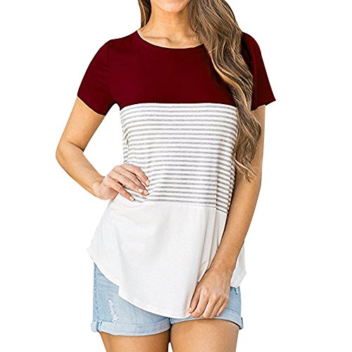 Bluelucon camisetas mujer Verano Mujer Tops Manga Corta Mujer Tops Manga Corta Blusa Camiseta Triple Bloque De Color Bloque De Raya O Cuello Camiseta Floja Ocasional Camiseta para Mujer