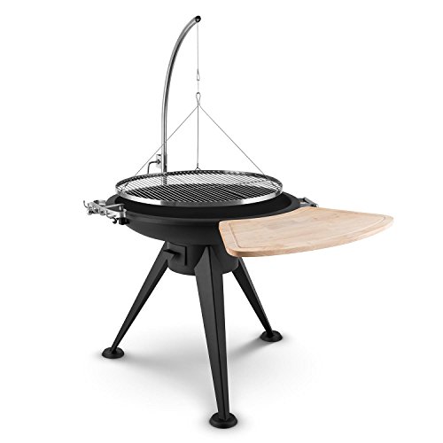 blumfeldt Delion Barbacoa de carbón (Parrilla Colgante de 80 cm de diámetro con manivela para Ajustar Altura, repisa Frontal de Madera, brasero de Tres Patas, Acero Inoxidable)