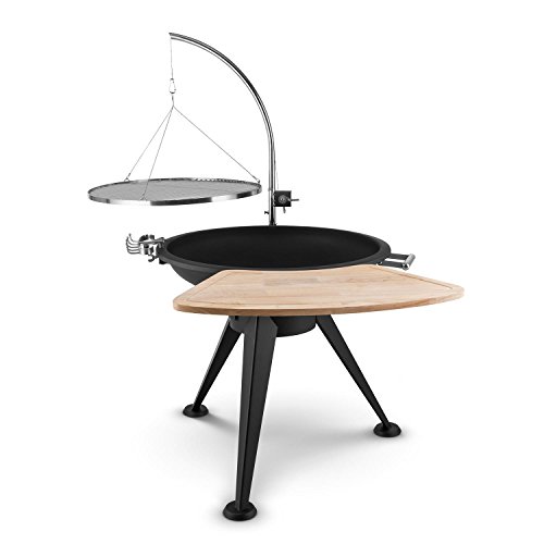 blumfeldt Delion Barbacoa de carbón (Parrilla Colgante de 80 cm de diámetro con manivela para Ajustar Altura, repisa Frontal de Madera, brasero de Tres Patas, Acero Inoxidable)