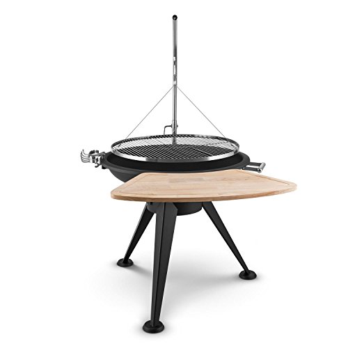 blumfeldt Delion Barbacoa de carbón (Parrilla Colgante de 80 cm de diámetro con manivela para Ajustar Altura, repisa Frontal de Madera, brasero de Tres Patas, Acero Inoxidable)