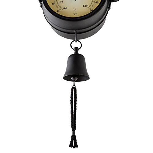 blumfeldt Early Bird Reloj Exterior estacion de Tren Antigua (Ø12cm diámetro, Doble Cara, termómetro Retro Grados Celsius y Fahrenheit, Campana jardín, Montaje Pared terraza, diseño Vintage Negro)
