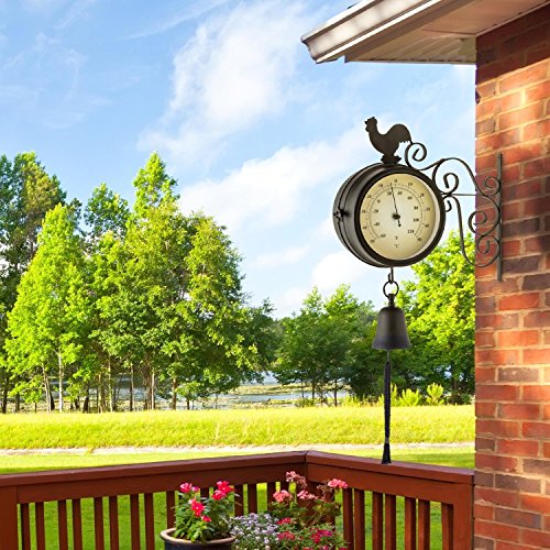 blumfeldt Early Bird Reloj Exterior estacion de Tren Antigua (Ø12cm diámetro, Doble Cara, termómetro Retro Grados Celsius y Fahrenheit, Campana jardín, Montaje Pared terraza, diseño Vintage Negro)