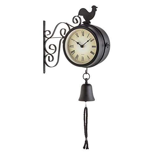 blumfeldt Early Bird Reloj Exterior estacion de Tren Antigua (Ø12cm diámetro, Doble Cara, termómetro Retro Grados Celsius y Fahrenheit, Campana jardín, Montaje Pared terraza, diseño Vintage Negro)
