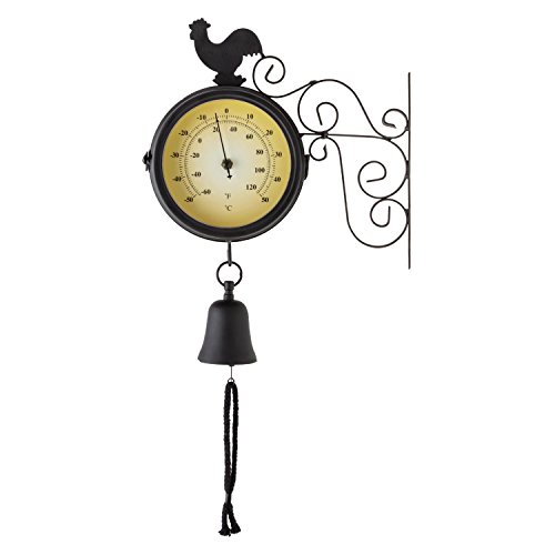 blumfeldt Early Bird Reloj Exterior estacion de Tren Antigua (Ø12cm diámetro, Doble Cara, termómetro Retro Grados Celsius y Fahrenheit, Campana jardín, Montaje Pared terraza, diseño Vintage Negro)