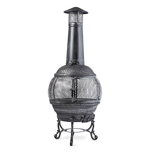 blumfeldt Flavius Chimenea Exterior (Hierro Fundido, 140 cm Altura, diseño Antiguo, brasero terraza Apto Carbon o leña, Fuego Circular, Incluye atizador y Parrilla) - Plateado