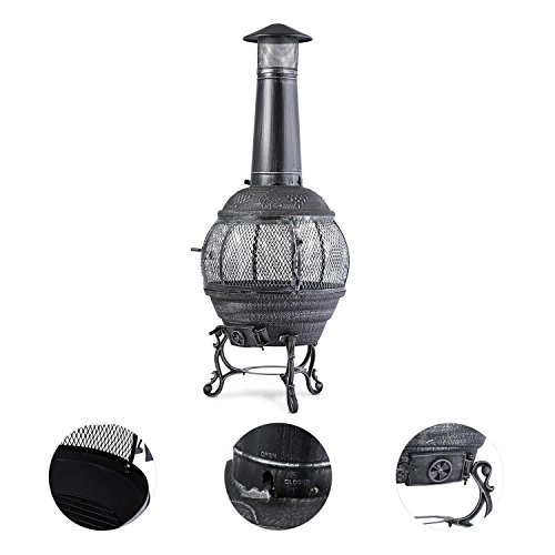 blumfeldt Flavius Chimenea Exterior (Hierro Fundido, 140 cm Altura, diseño Antiguo, brasero terraza Apto Carbon o leña, Fuego Circular, Incluye atizador y Parrilla) - Plateado