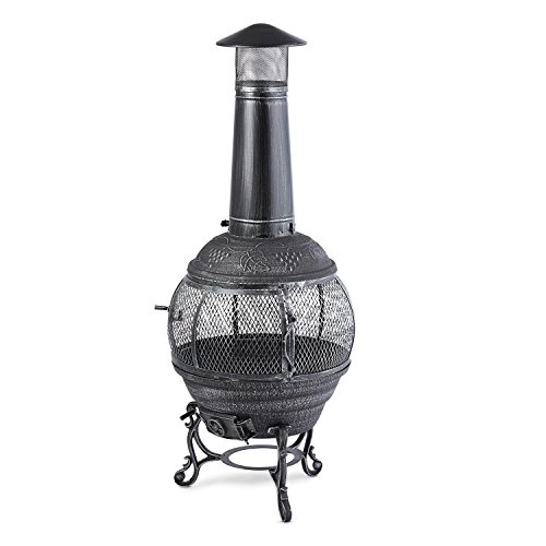 blumfeldt Flavius Chimenea Exterior (Hierro Fundido, 140 cm Altura, diseño Antiguo, brasero terraza Apto Carbon o leña, Fuego Circular, Incluye atizador y Parrilla) - Plateado