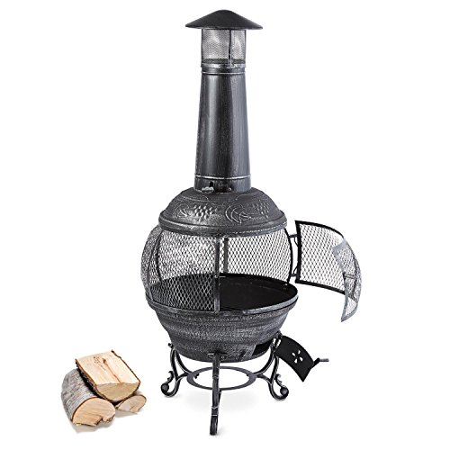 blumfeldt Flavius Chimenea Exterior (Hierro Fundido, 140 cm Altura, diseño Antiguo, brasero terraza Apto Carbon o leña, Fuego Circular, Incluye atizador y Parrilla) - Plateado