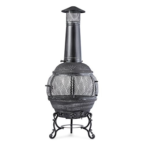 blumfeldt Flavius Chimenea Exterior (Hierro Fundido, 140 cm Altura, diseño Antiguo, brasero terraza Apto Carbon o leña, Fuego Circular, Incluye atizador y Parrilla) - Plateado