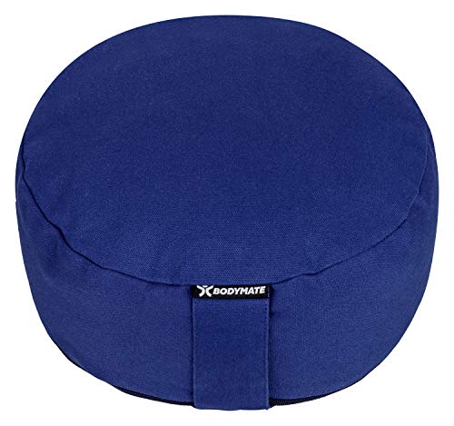 BODYMATE Cojín de Yoga Redondo | 31 cm diámetro 13 cm Alto | Relleno de cáscaras de Trigo sarraceno | Funda extragruesa y Lavable en Lavadora de algodón 100% | Cojín de meditación | Cojín de Asiento