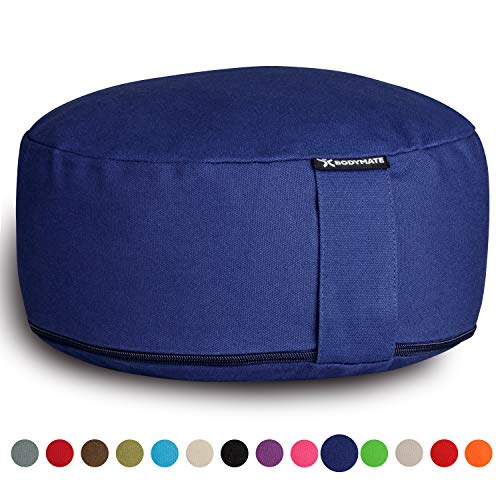 BODYMATE Cojín de Yoga Redondo | 31 cm diámetro 13 cm Alto | Relleno de cáscaras de Trigo sarraceno | Funda extragruesa y Lavable en Lavadora de algodón 100% | Cojín de meditación | Cojín de Asiento