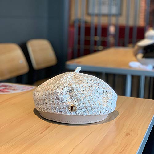 Boina a Cuadros de otoño e Invierno japonés B Letra Sombrero de Calabaza Salvaje Lindo Sombrero de Pintor tweeted Sombrero de Boina de ala Corta