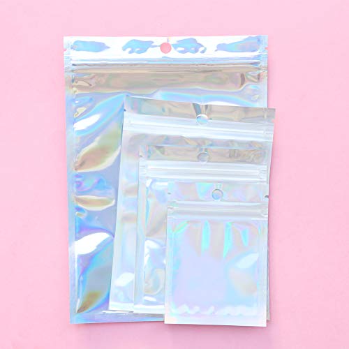 Bolsa de bolsa de papel de color holográfico de 200 piezas, 4 tamaños de bolsas de papel de Mylar reutilizables Bolsas de aluminio con cierre hermético para galletas de nueces de caramelo