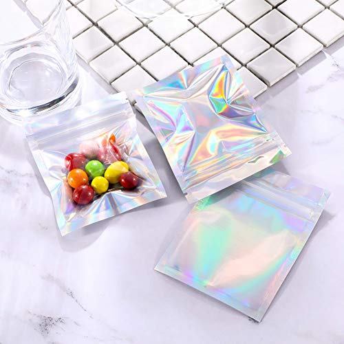 Bolsa de bolsa de papel de color holográfico de 200 piezas, 4 tamaños de bolsas de papel de Mylar reutilizables Bolsas de aluminio con cierre hermético para galletas de nueces de caramelo