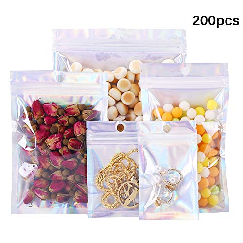 Bolsa de bolsa de papel de color holográfico de 200 piezas, 4 tamaños de bolsas de papel de Mylar reutilizables Bolsas de aluminio con cierre hermético para galletas de nueces de caramelo
