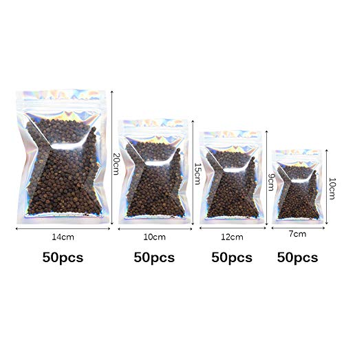 Bolsa de bolsa de papel de color holográfico de 200 piezas, 4 tamaños de bolsas de papel de Mylar reutilizables Bolsas de aluminio con cierre hermético para galletas de nueces de caramelo