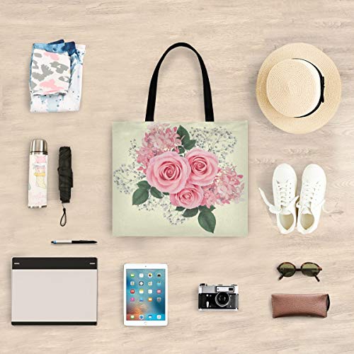 Bolsa de lona Rosa Rosa Flores Hortensias Floral Compras Bolsa de tela Reutilizable Bolsa de Comestibles Bolsas de Hombro