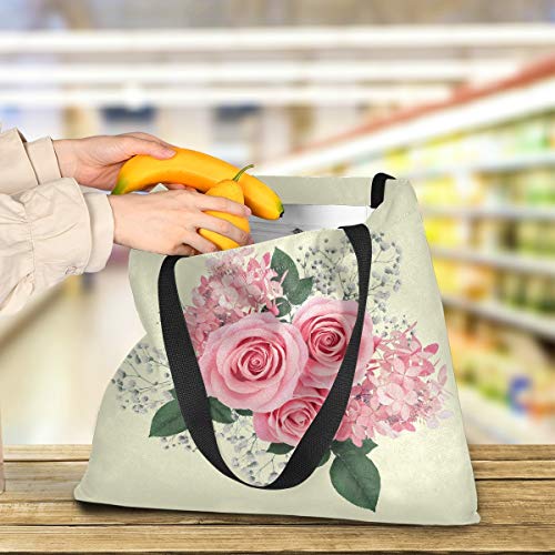 Bolsa de lona Rosa Rosa Flores Hortensias Floral Compras Bolsa de tela Reutilizable Bolsa de Comestibles Bolsas de Hombro