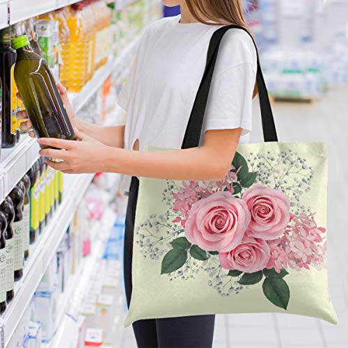 Bolsa de lona Rosa Rosa Flores Hortensias Floral Compras Bolsa de tela Reutilizable Bolsa de Comestibles Bolsas de Hombro