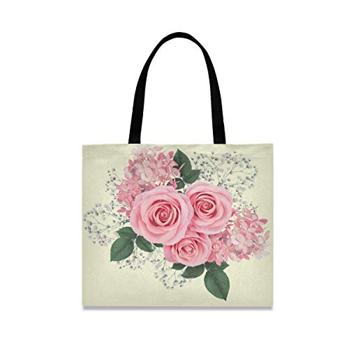 Bolsa de lona Rosa Rosa Flores Hortensias Floral Compras Bolsa de tela Reutilizable Bolsa de Comestibles Bolsas de Hombro