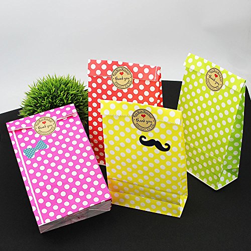 Bolsa Papel Regalo con Pegatina Gracias, Kbnian 4 Colores y 36pcs Pegatina, 24pcs Bolsas Lunares y 36pcs Pegatina, Bolsas Papel Regalo, Utilizar para Recuerdo/Golosinas/Galletas/Nueces/Chocolates