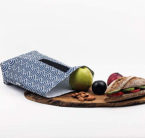 Bolsa para comida, fruta, frutos secos, bocadillo. Bolsa reutilizable e impermeable. Producto eco, cero residuo. Estampado japonés ondas azul