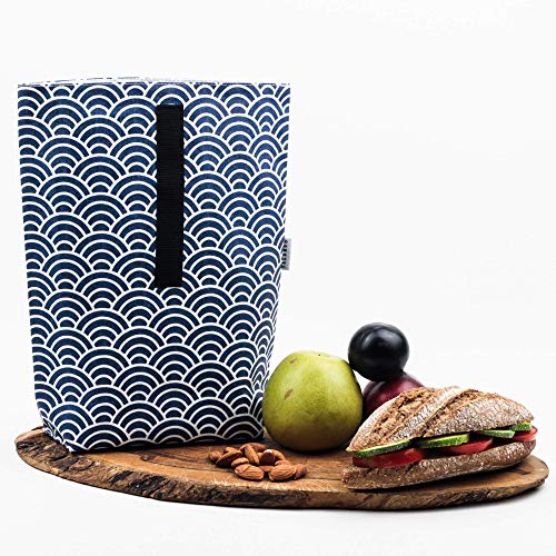 Bolsa para comida, fruta, frutos secos, bocadillo. Bolsa reutilizable e impermeable. Producto eco, cero residuo. Estampado japonés ondas azul