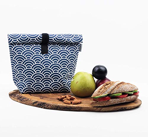 Bolsa para comida, fruta, frutos secos, bocadillo. Bolsa reutilizable e impermeable. Producto eco, cero residuo. Estampado japonés ondas azul