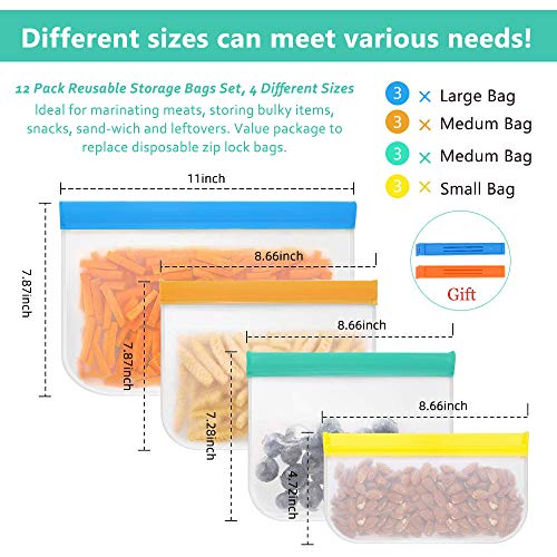 Bolsas de almacenamiento de alimentos reutilizables, de fugas extra gruesa libre de,bolsa de almuerzo Ziplock para alimentos para niños, viajes, organización de cocina casera, 3 tipos (12 piezas)
