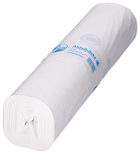 Bolsas de basura de polietileno de densidad media reciclado, 120 L, color blanco, 25 unidades por rollo.