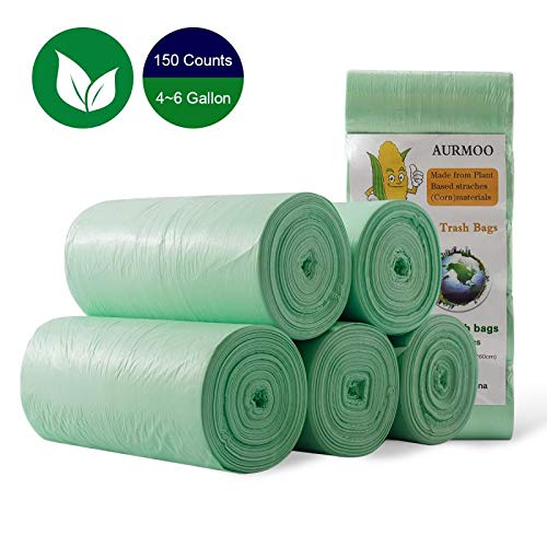 Bolsas de Basura Orgánica, Bolsas de Basura Biodegradable de 20L, AURMOO Grosor 0,71 MIL Bolsas de 100% Basura de Cocina Degradable y Reciclables. (5 Rollos, 150 Piezas, Verde)