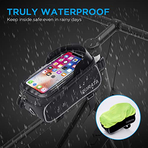 Bolsas de Bicicleta, TURATA Bolsa Impermeable para Bicicleta, Bolsa Táctil de Tubo Superior Delantero con Orificio para Auriculares para iPhone Samsung Teléfono Inteligente por Debajo de 6,5 Pulgadas