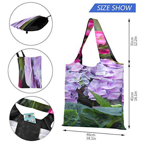 Bolsas de comestibles Bolsas plegables de color azul y rosa con flores de hortensia Bolsa de mano para herramientas Bolsa plegable para comestibles Bolsas de compras reutilizables de poliéster, lavab
