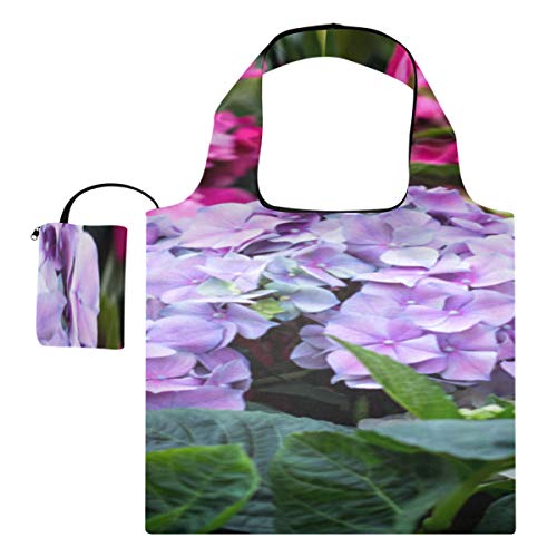 Bolsas de comestibles Bolsas plegables de color azul y rosa con flores de hortensia Bolsa de mano para herramientas Bolsa plegable para comestibles Bolsas de compras reutilizables de poliéster, lavab