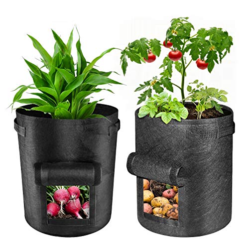 Bolsas de cultivo de patata, paquete de 2 bolsas de cultivo de verduras de 7 galones, contenedor con ventana y asas de correa de gancho y bucle – bolsas no tejidas para plantas de jardín