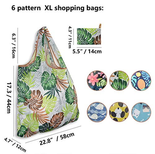 Bolsas de la compra de tamaño grande, reutilizables, plegables, ligeras, lavables, resistentes y ecológicas, con un monedero, paquete de 6 unidades, poliéster, Patrón B 6 XL, X-Large