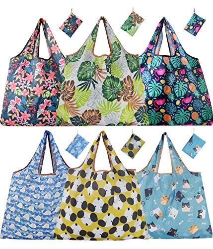Bolsas de la compra de tamaño grande, reutilizables, plegables, ligeras, lavables, resistentes y ecológicas, con un monedero, paquete de 6 unidades, poliéster, Patrón B 6 XL, X-Large