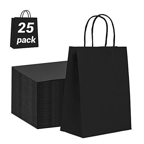 Bolsas de Regalo Negro con Asa, 25 PCS Bolsa de Papel Kraft Bolsas de Papel, 23×8×17cm Bolsas Regalo Biodegradable Bolsas de Cumpleaños para Fiestas, Ceremonias de Graduación, Bodas, Navidad