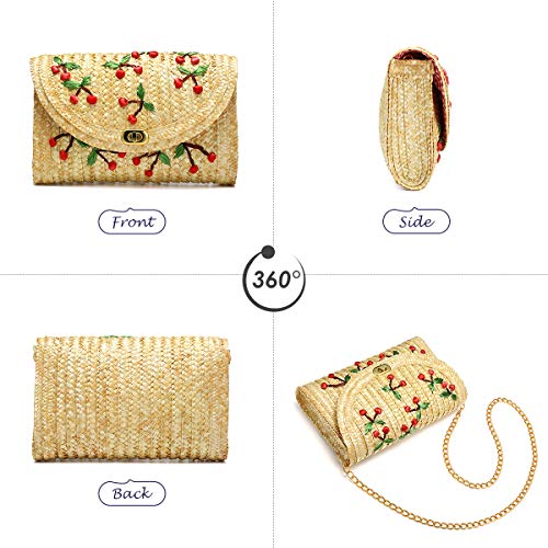 Bolso de Paja Crossbody, JOSEKO Bolso de Mimbre de Las Mujeres Bolso de Paja Bolsa de Embrague de la Playa del Verano Bandolera Cadena plátano Cereza