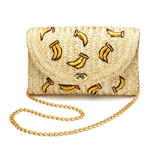 Bolso de Paja Crossbody, JOSEKO Bolso de Mimbre de Las Mujeres Bolso de Paja Bolsa de Embrague de la Playa del Verano Bandolera Cadena plátano Cereza