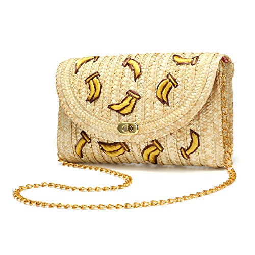Bolso de Paja Crossbody, JOSEKO Bolso de Mimbre de Las Mujeres Bolso de Paja Bolsa de Embrague de la Playa del Verano Bandolera Cadena plátano Cereza