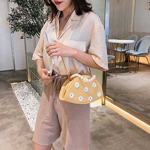 Bolso para Mujer con Forma de albóndigas Bolso de Mini Bolso de Cadena Bolso de Hombro para Mujer con Perla y Estampado de Flores Amarillo