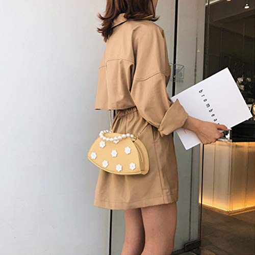Bolso para Mujer con Forma de albóndigas Bolso de Mini Bolso de Cadena Bolso de Hombro para Mujer con Perla y Estampado de Flores Amarillo