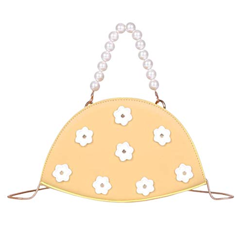 Bolso para Mujer con Forma de albóndigas Bolso de Mini Bolso de Cadena Bolso de Hombro para Mujer con Perla y Estampado de Flores Amarillo